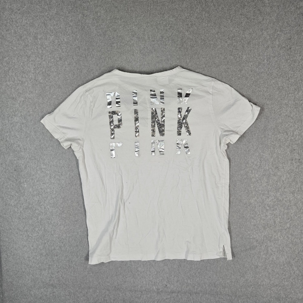 PINK Victoria's Secret Women Shirt L White Sequin Scoop Neck Pullover Bling